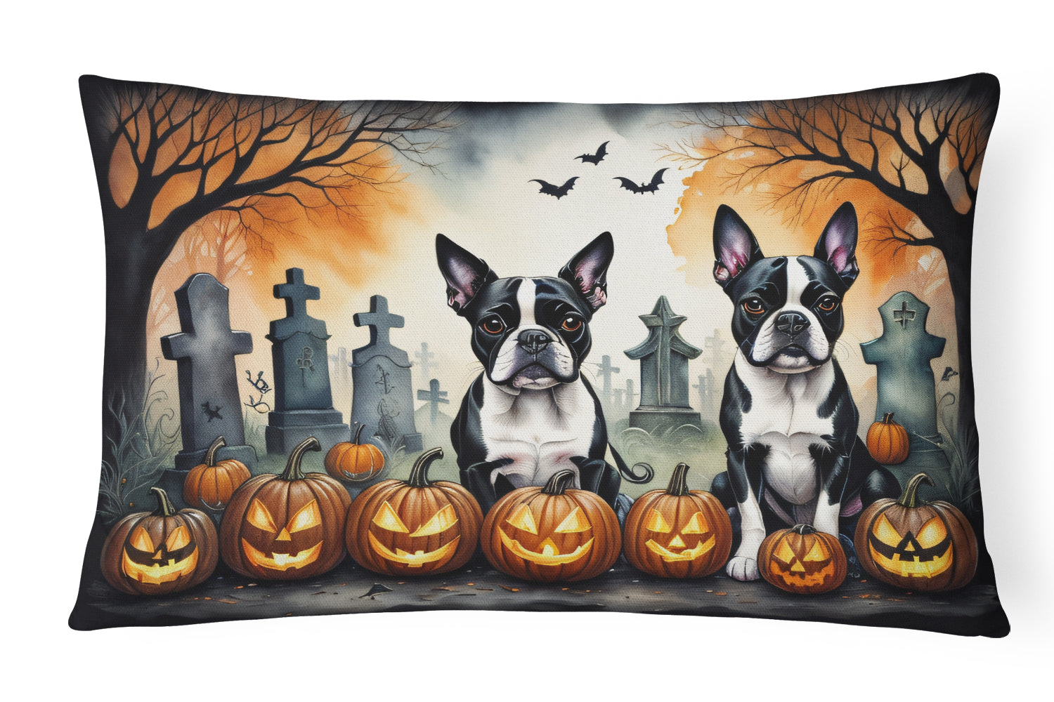 Boston Terrier Spooky Halloween Decorative Throw Pillow 12x16 Indoor Outdoor Accent Cushion, Fabric Cover with Insert for Sofa, Bed, Porch & Living Room