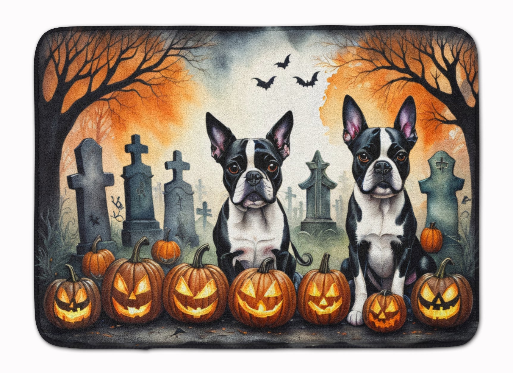 Boston Terrier Spooky Halloween Memory Foam Kitchen Mat Machine Washable Anti-Fatigue Cushion Comfort Bath or Kitchen Rug