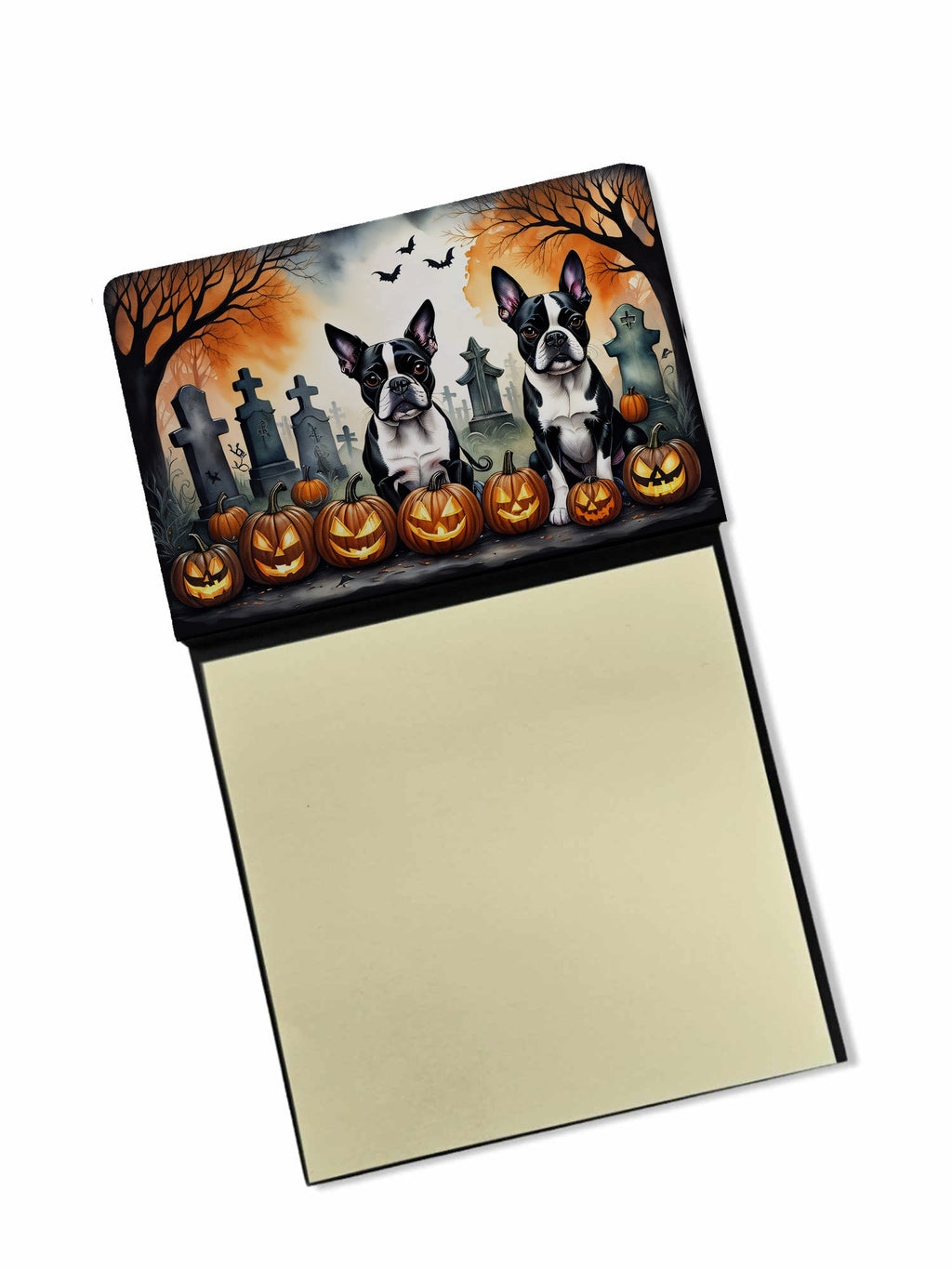 Boston Terrier Spooky Halloween Watercolor Sticky Note Holder Refillable Dispenser Desk Accessory 3x3 Pad Gift