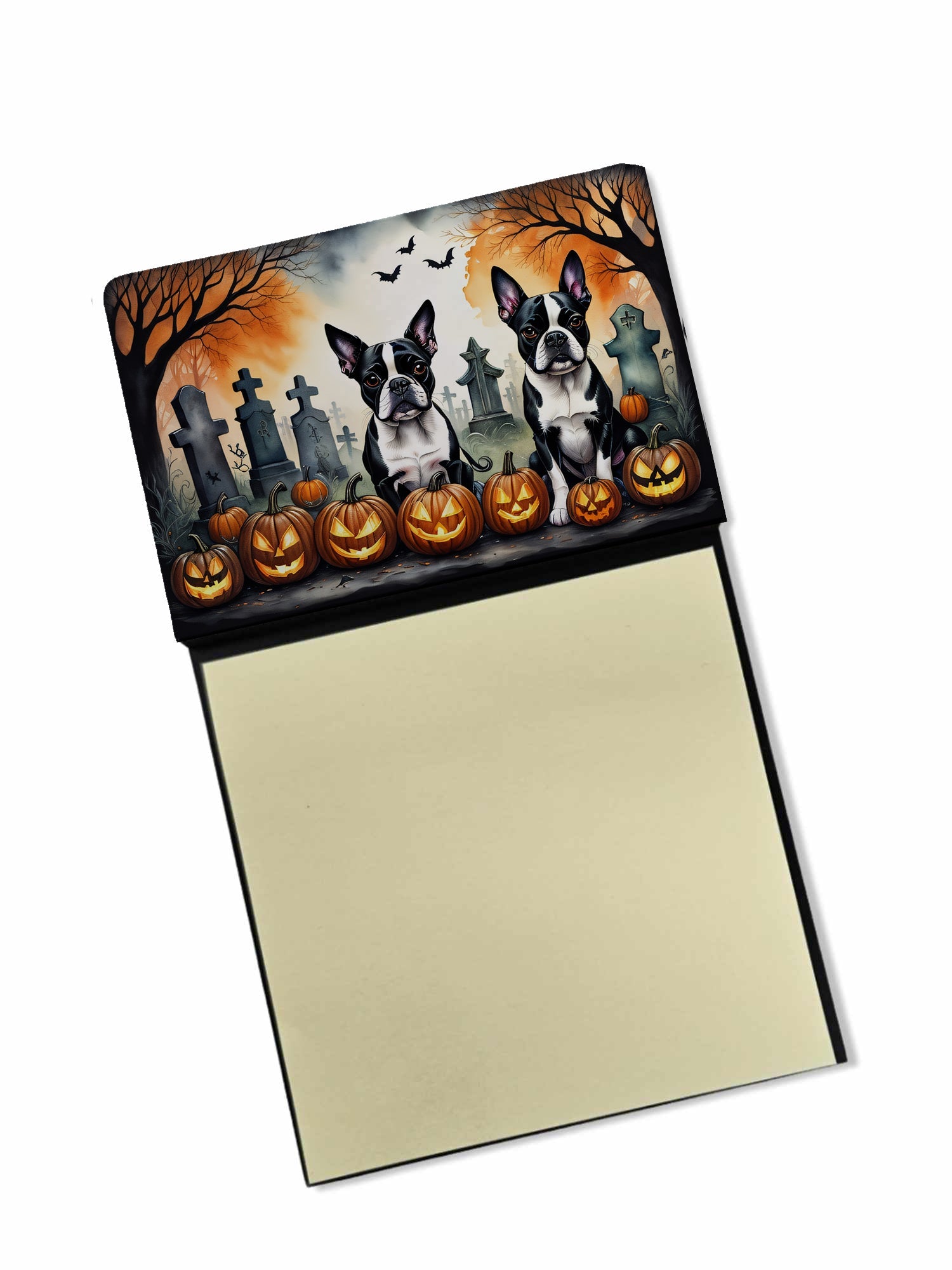 Boston Terrier Spooky Halloween Watercolor Sticky Note Holder Refillable Dispenser Desk Accessory 3x3 Pad Gift