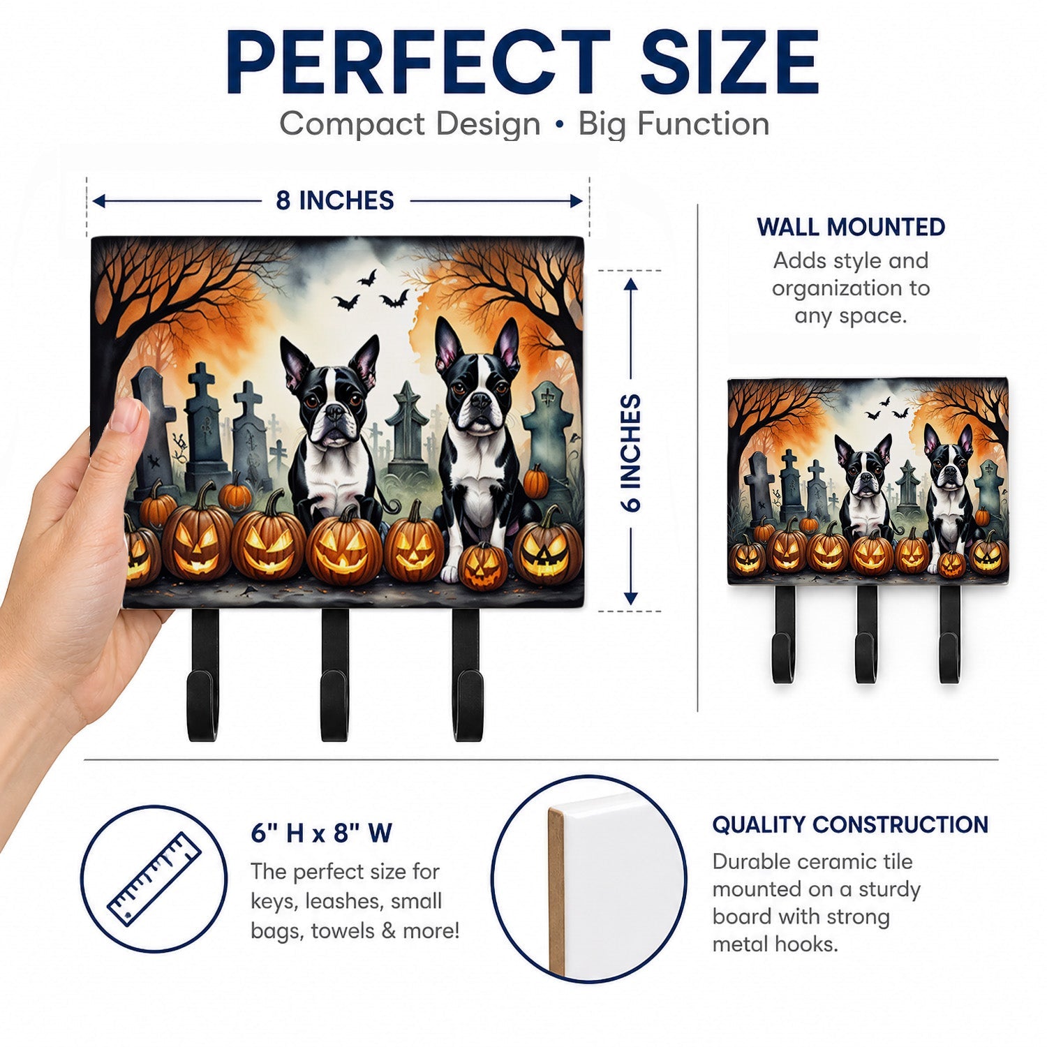 Boston Terrier Spooky Halloween Leash or Key Holder Wall Hooks, Coat Rack Wall Mount, for Hanging Keys, Towels, Aprons, Leashes