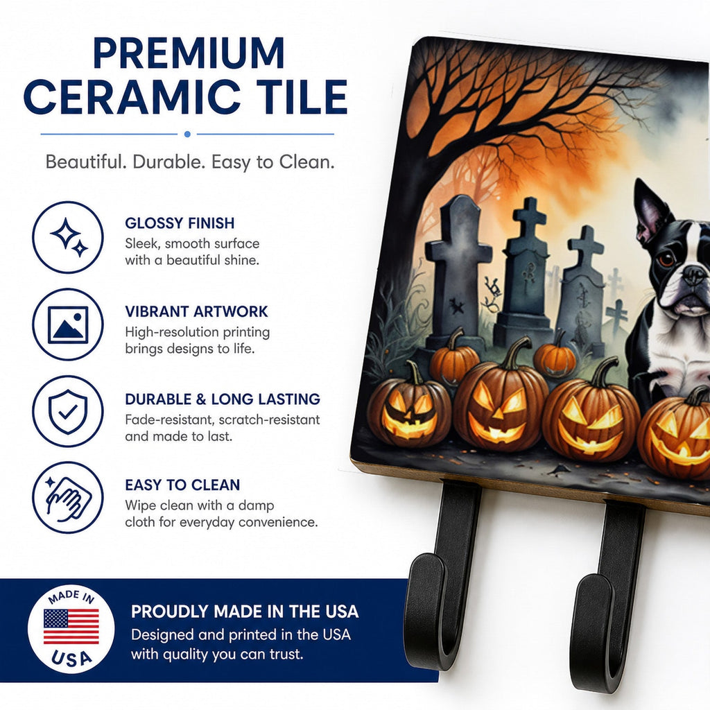 Boston Terrier Spooky Halloween Leash or Key Holder Wall Hooks, Coat Rack Wall Mount, for Hanging Keys, Towels, Aprons, Leashes