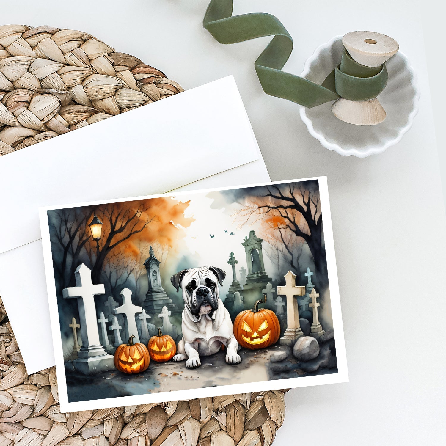 Boxer Spooky Halloween Greeting Cards Pack of 8 Blank Cards with Envelopes Whimsical A7 Size 5x7