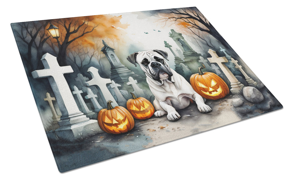 Boxer Spooky Halloween Cutting Board Tempered Glass Kitchen Cutting Surface, Heat Resistant Chopping, Non-Slip Feet, Food Prep & Serving