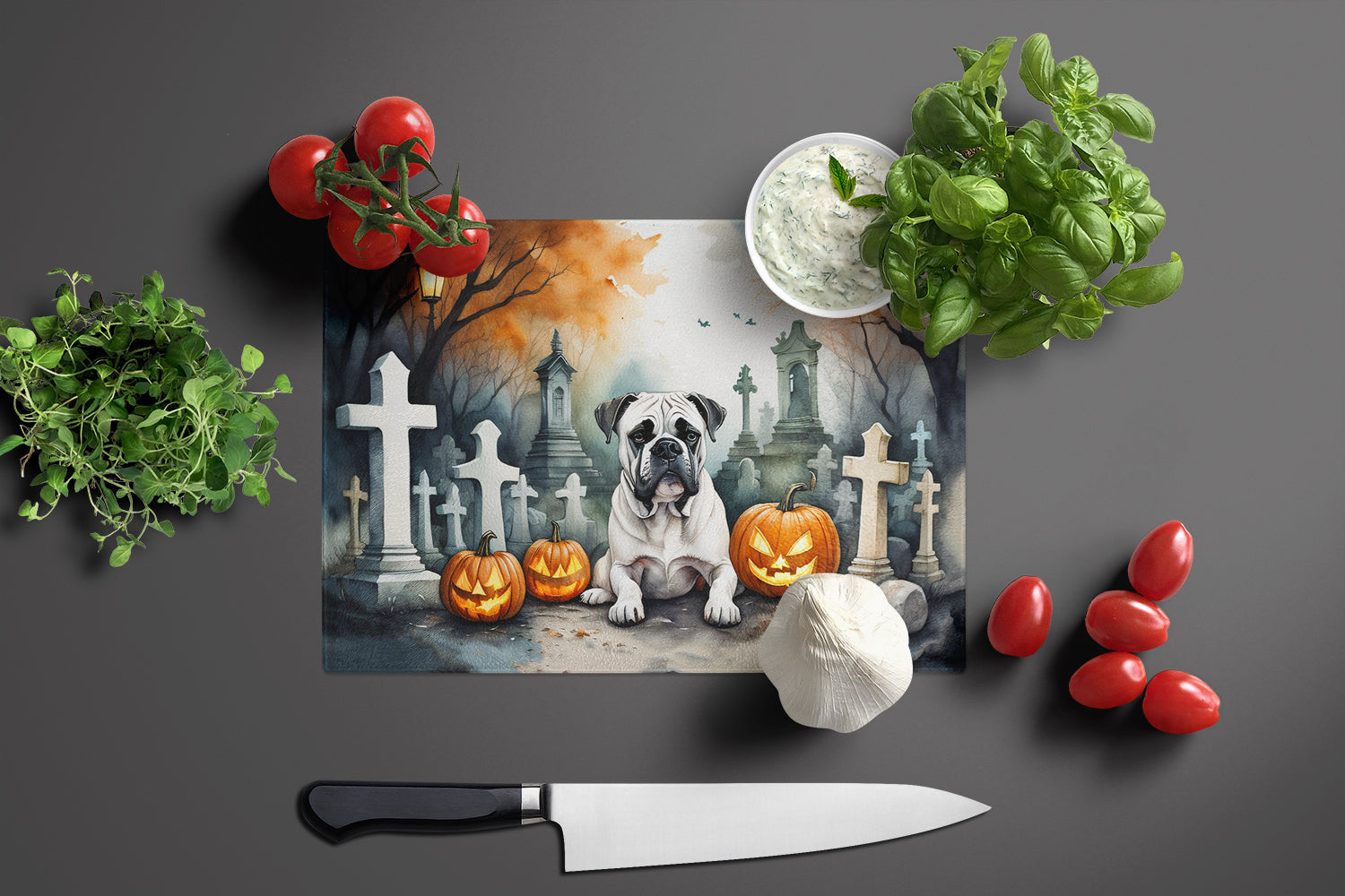 Boxer Spooky Halloween Cutting Board Tempered Glass Kitchen Cutting Surface, Heat Resistant Chopping, Non-Slip Feet, Food Prep & Serving