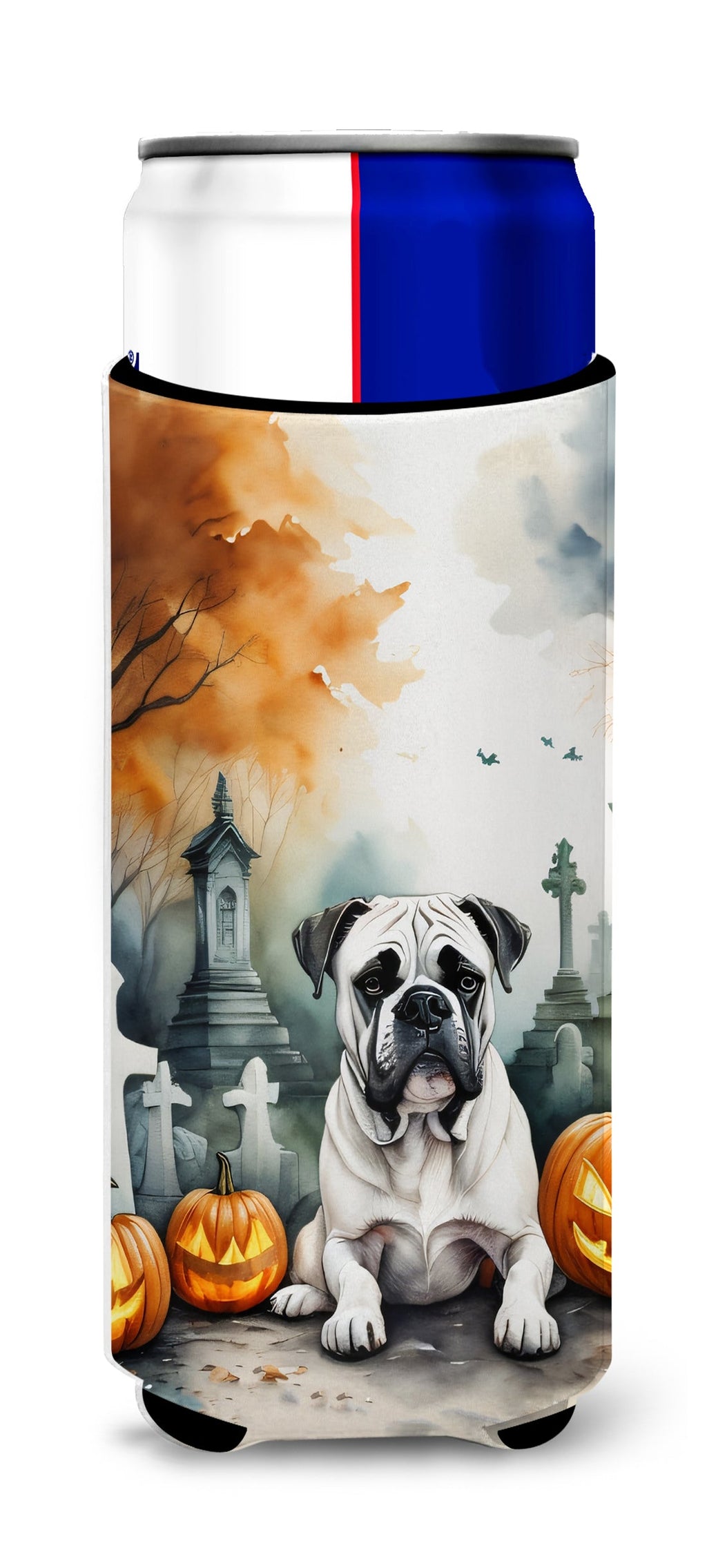 Boxer Spooky Halloween Slim Can Hugger , Insulated Foam Hugger for 12 oz Slim Cans, Beer Bottles & Water Bottles, Printed in USA