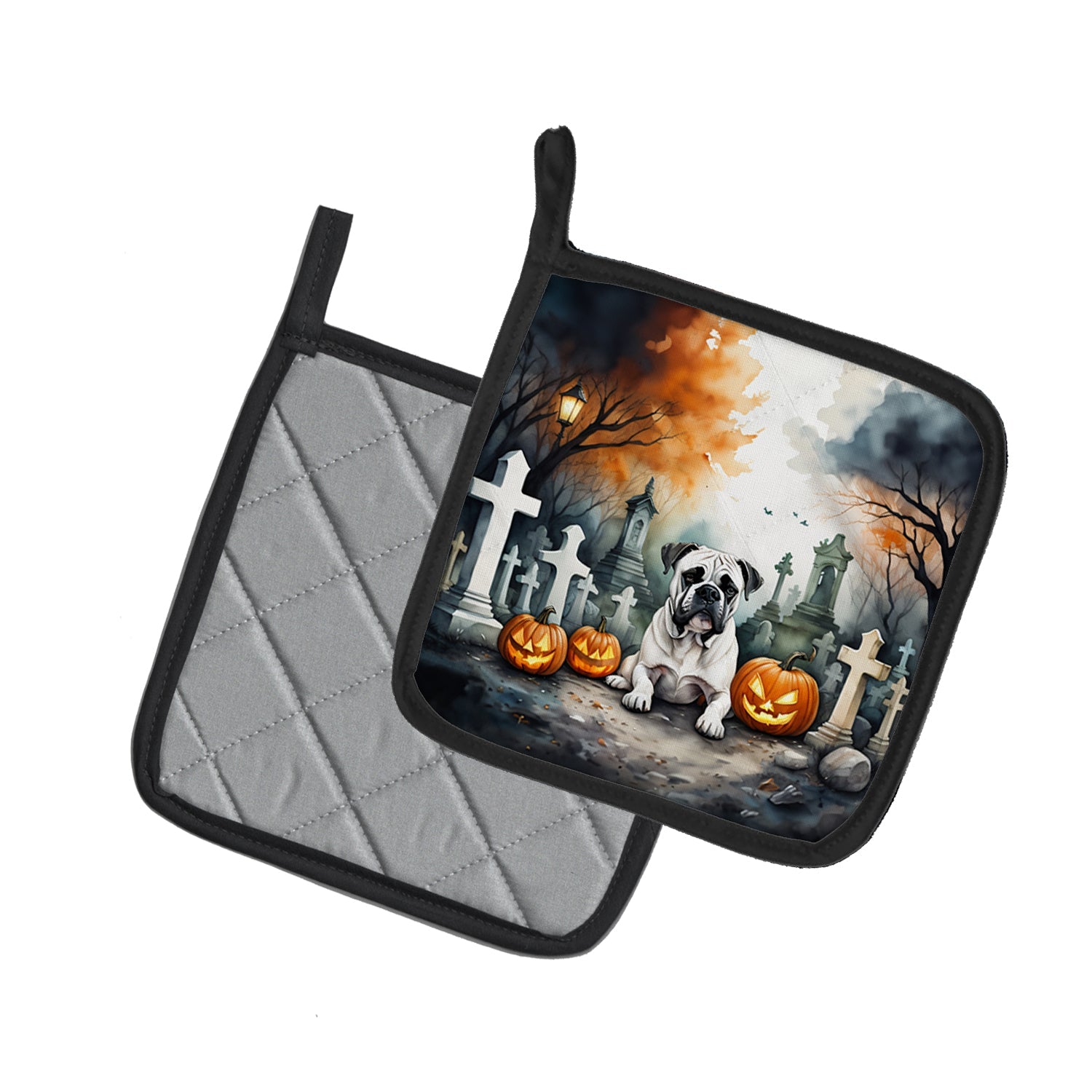 Boxer Spooky Halloween Pot Holder Set of 2 Heat Resistant Quilted Hot Pads 7.5 x 7.5 Inch, Insulated Kitchen Trivets for Cooking & Baking