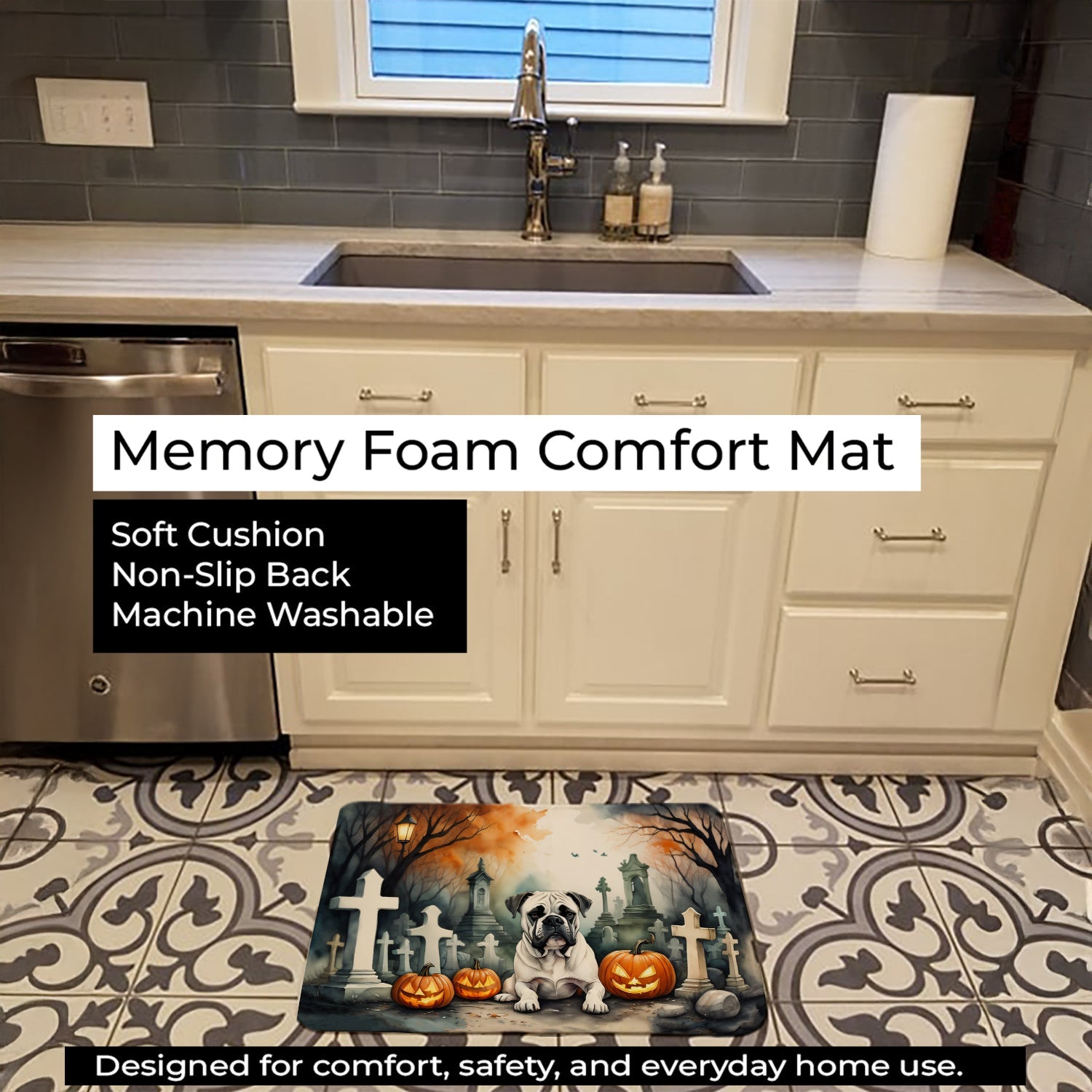 Boxer Spooky Halloween Memory Foam Kitchen Mat Machine Washable Anti-Fatigue Cushion Comfort Bath or Kitchen Rug