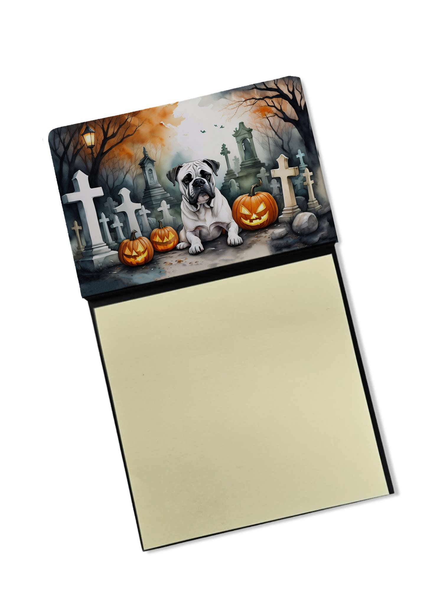 Boxer Spooky Halloween Watercolor Sticky Note Holder Refillable Dispenser Desk Accessory 3x3 Pad Gift