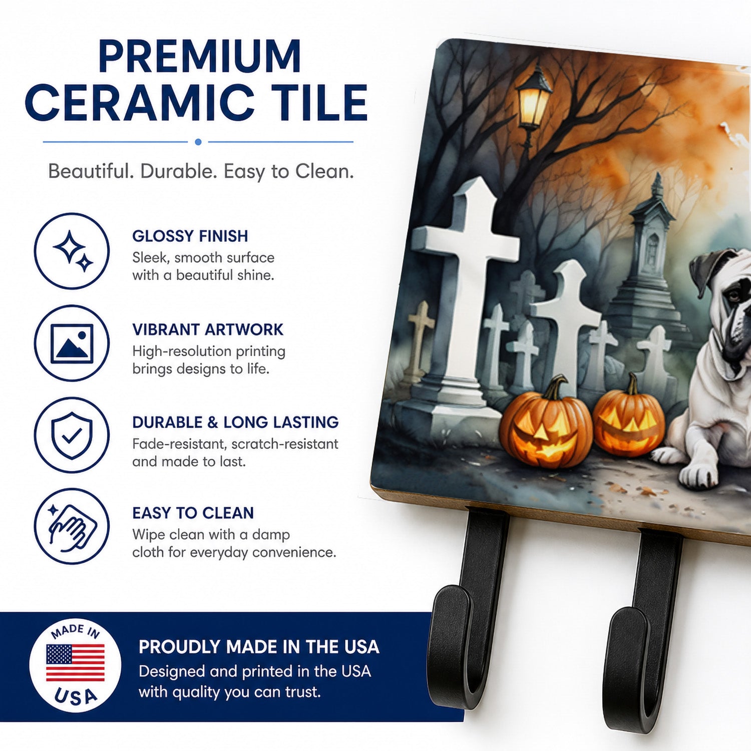 Boxer Spooky Halloween Leash or Key Holder Wall Hooks, Coat Rack Wall Mount, for Hanging Keys, Towels, Aprons, Leashes