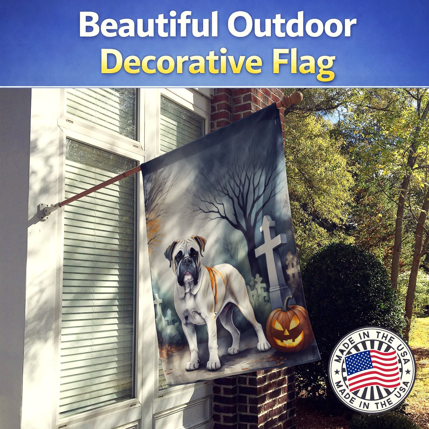 Boxer Spooky Halloween House Flag 28x40 Porch Sleeve Pole Decorative Outside Yard Banner Artwork Wall Hanging, Polyester