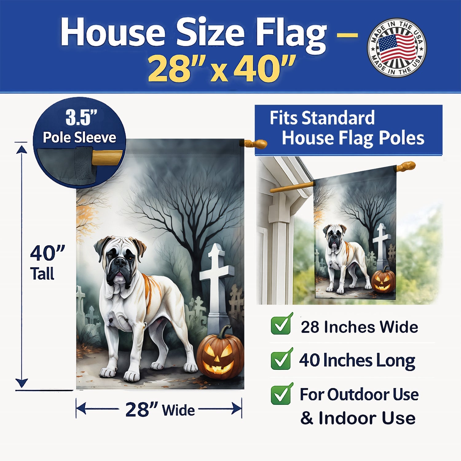 Boxer Spooky Halloween House Flag 28x40 Porch Sleeve Pole Decorative Outside Yard Banner Artwork Wall Hanging, Polyester