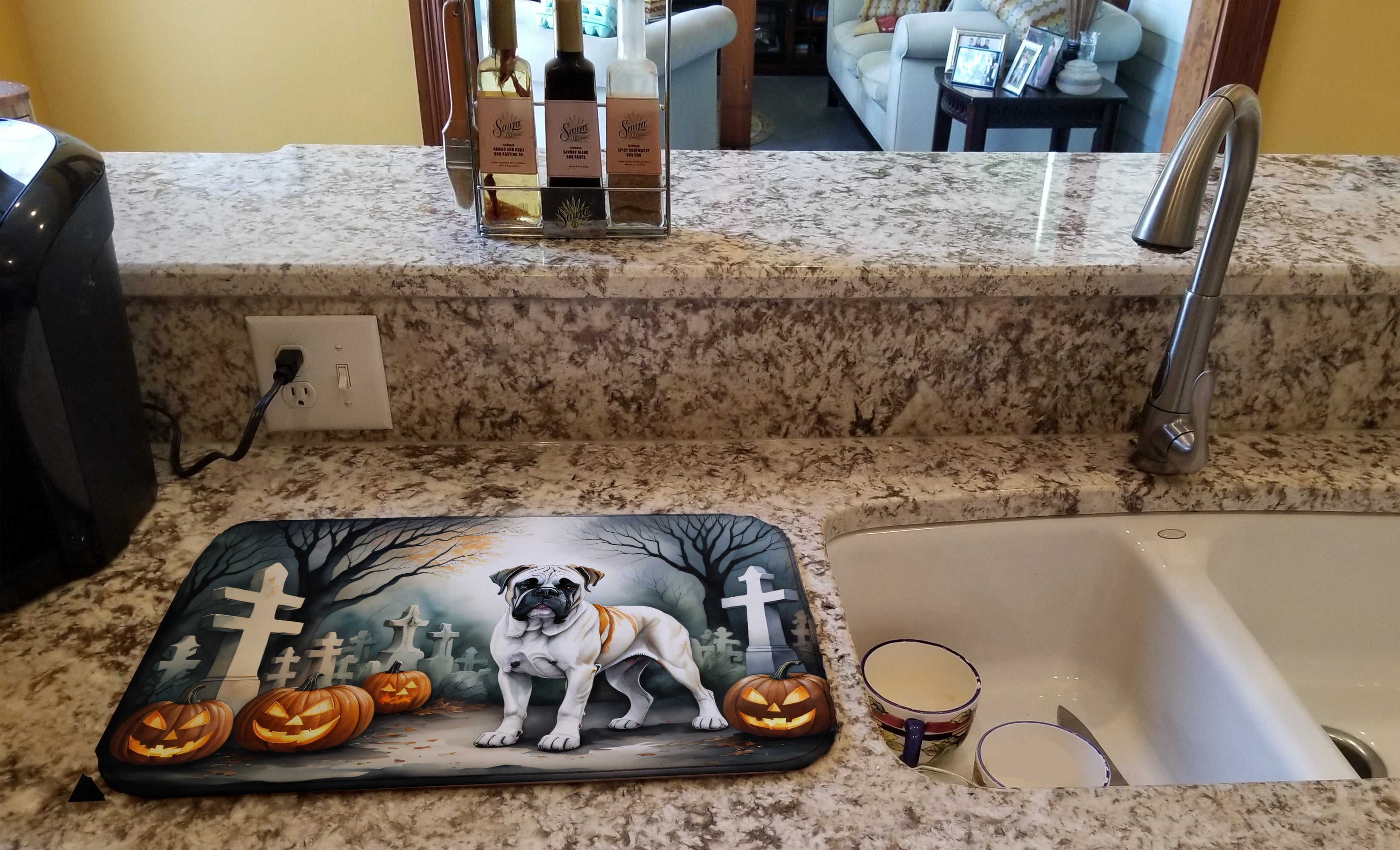 Boxer Spooky Halloween Dish Drying Mat Absorbent Dish Drying Mat Pad for Kitchen Counter Dish Drainer Mat for Countertop, 14 x 21", Multicolor