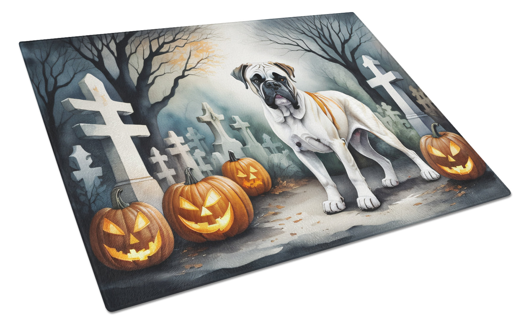Boxer Spooky Halloween Cutting Board Tempered Glass Kitchen Cutting Surface, Heat Resistant Chopping, Non-Slip Feet, Food Prep & Serving