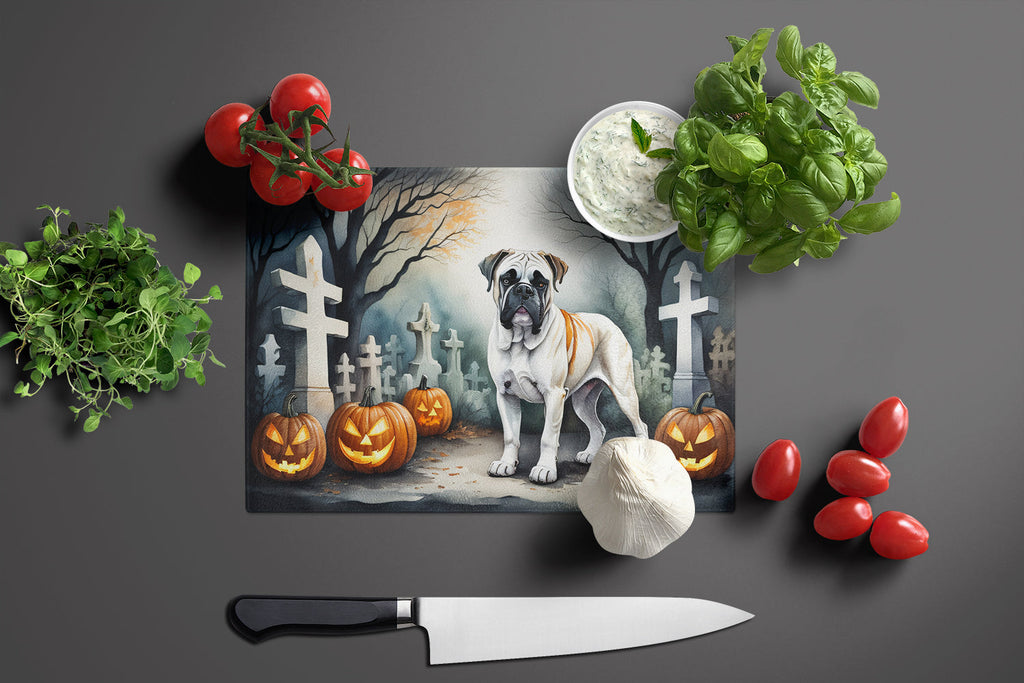 Boxer Spooky Halloween Cutting Board Tempered Glass Kitchen Cutting Surface, Heat Resistant Chopping, Non-Slip Feet, Food Prep & Serving