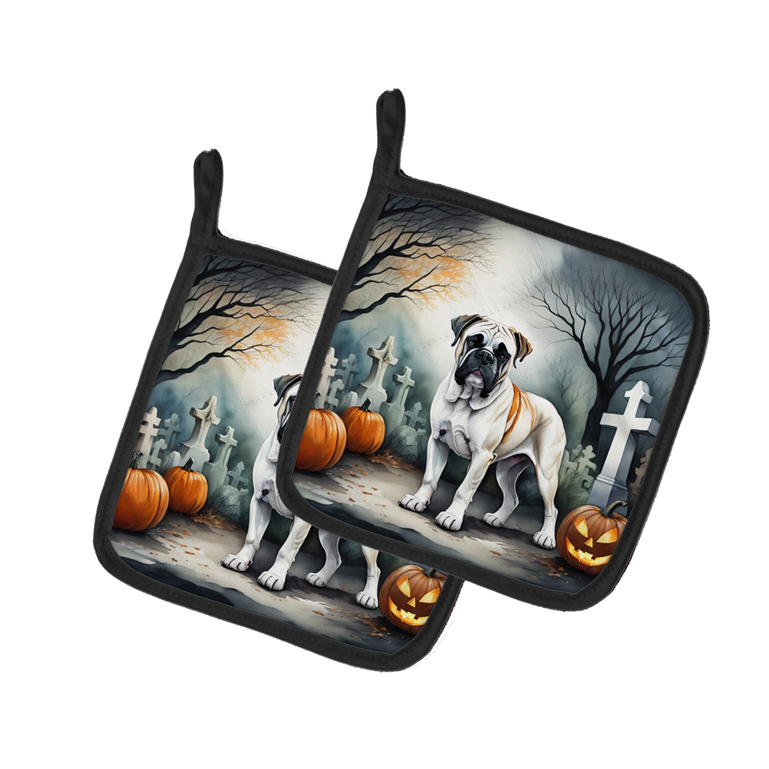 Boxer Spooky Halloween Pot Holder Set of 2 Heat Resistant Quilted Hot Pads 7.5 x 7.5 Inch, Insulated Kitchen Trivets for Cooking & Baking