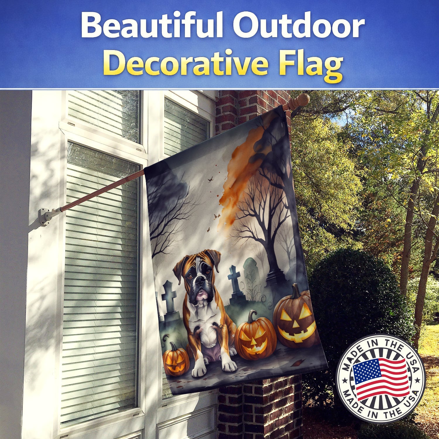 Boxer Spooky Halloween House Flag 28x40 Porch Sleeve Pole Decorative Outside Yard Banner Artwork Wall Hanging, Polyester