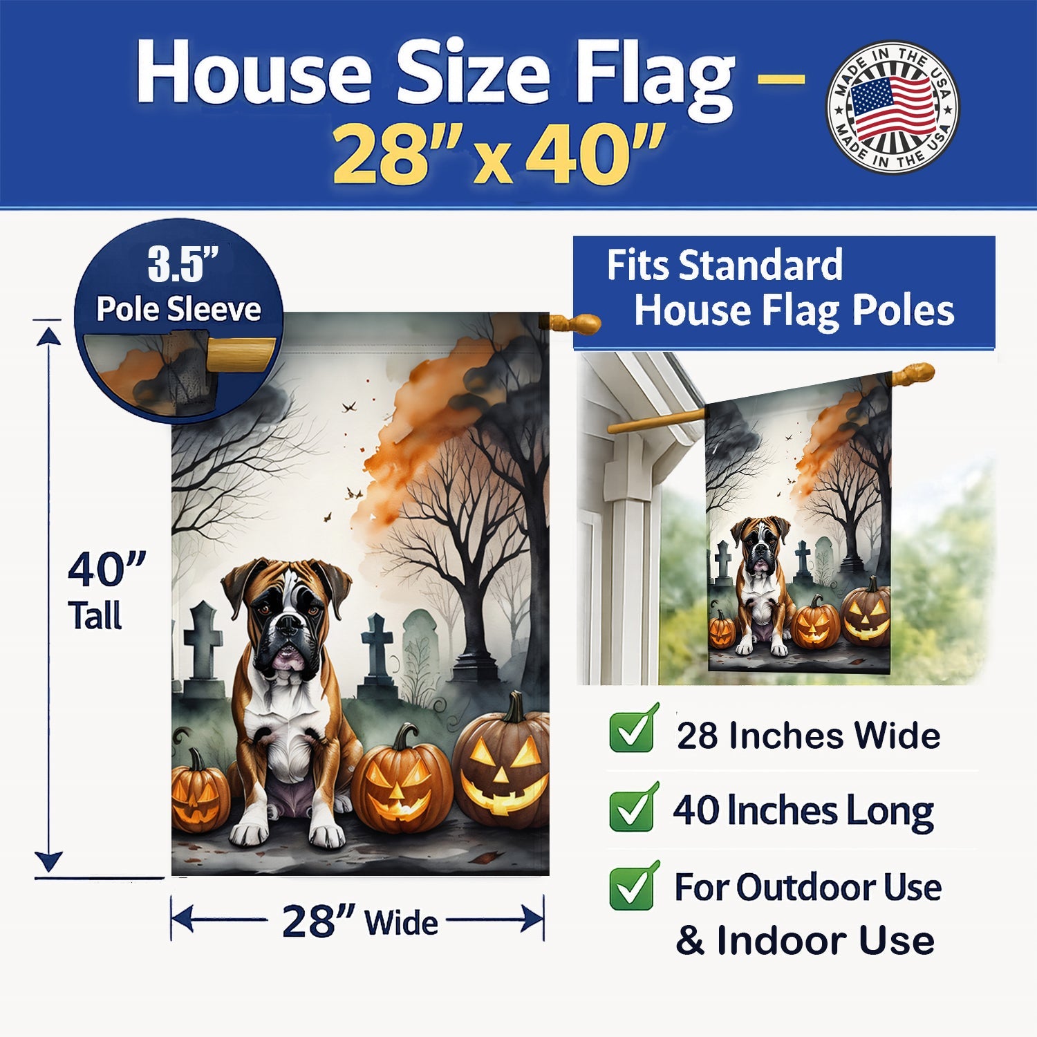 Boxer Spooky Halloween House Flag 28x40 Porch Sleeve Pole Decorative Outside Yard Banner Artwork Wall Hanging, Polyester