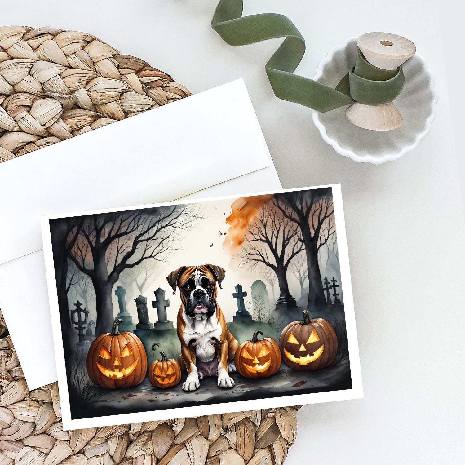 Boxer Spooky Halloween Greeting Cards Pack of 8 Blank Cards with Envelopes Whimsical A7 Size 5x7