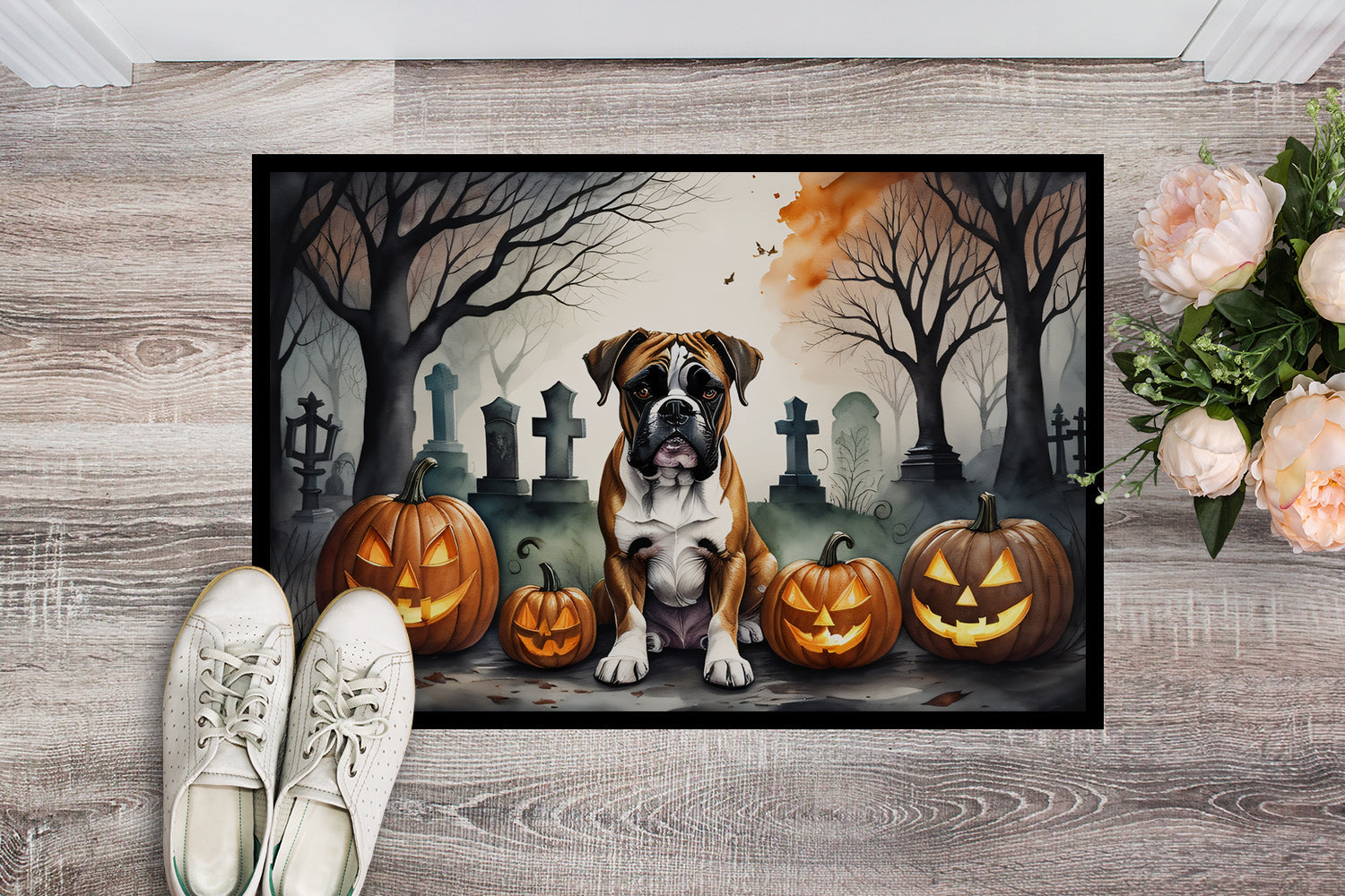 Boxer Spooky Halloween Doormat Indoor Outdoor 24H X 36W Front Door Mat Rugs for Entryway, Non Slip Washable Low Pile,