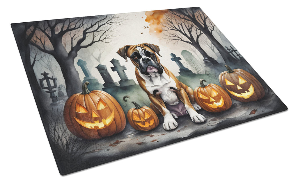 Boxer Spooky Halloween Cutting Board Tempered Glass Kitchen Cutting Surface, Heat Resistant Chopping, Non-Slip Feet, Food Prep & Serving