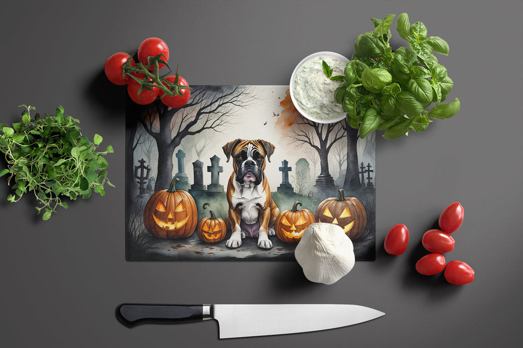 Boxer Spooky Halloween Cutting Board Tempered Glass Kitchen Cutting Surface, Heat Resistant Chopping, Non-Slip Feet, Food Prep & Serving