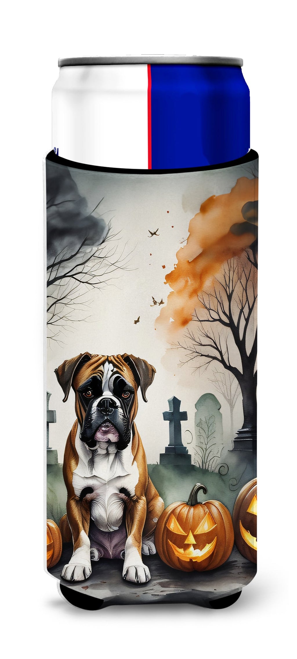 Boxer Spooky Halloween Slim Can Hugger , Insulated Foam Hugger for 12 oz Slim Cans, Beer Bottles & Water Bottles, Printed in USA