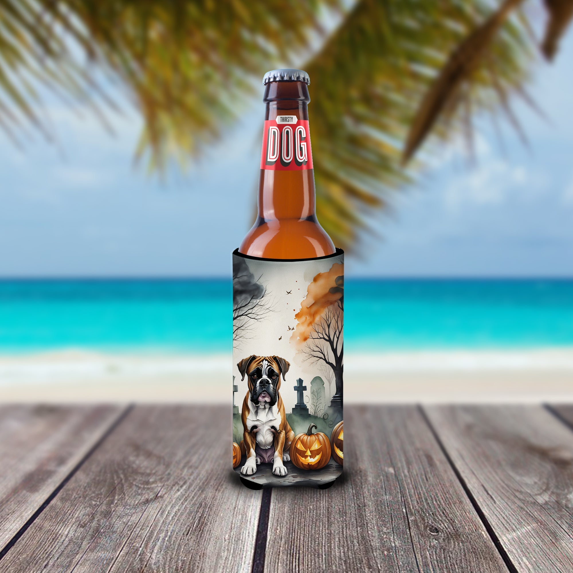 Boxer Spooky Halloween Slim Can Hugger , Insulated Foam Hugger for 12 oz Slim Cans, Beer Bottles & Water Bottles, Printed in USA