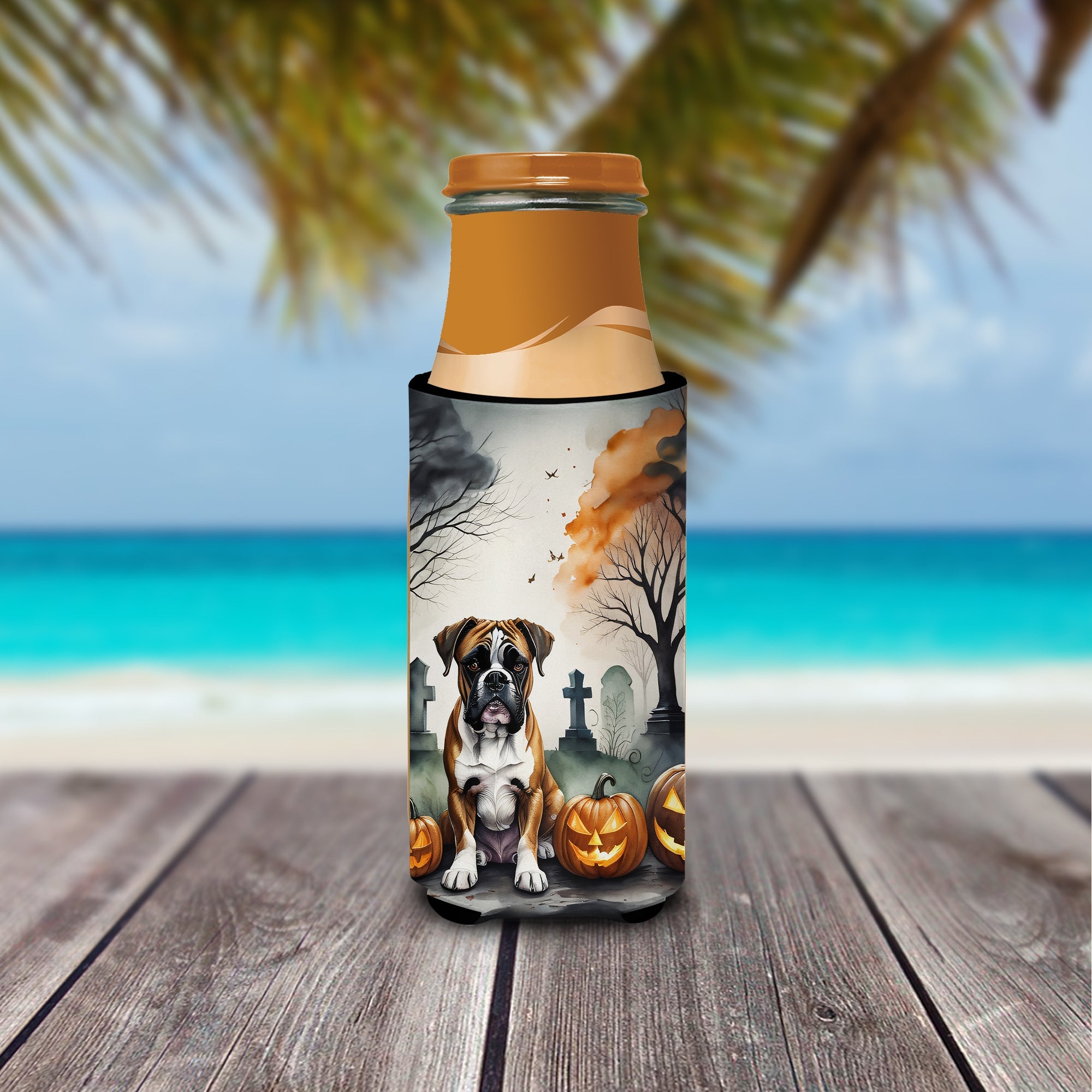 Boxer Spooky Halloween Slim Can Hugger , Insulated Foam Hugger for 12 oz Slim Cans, Beer Bottles & Water Bottles, Printed in USA