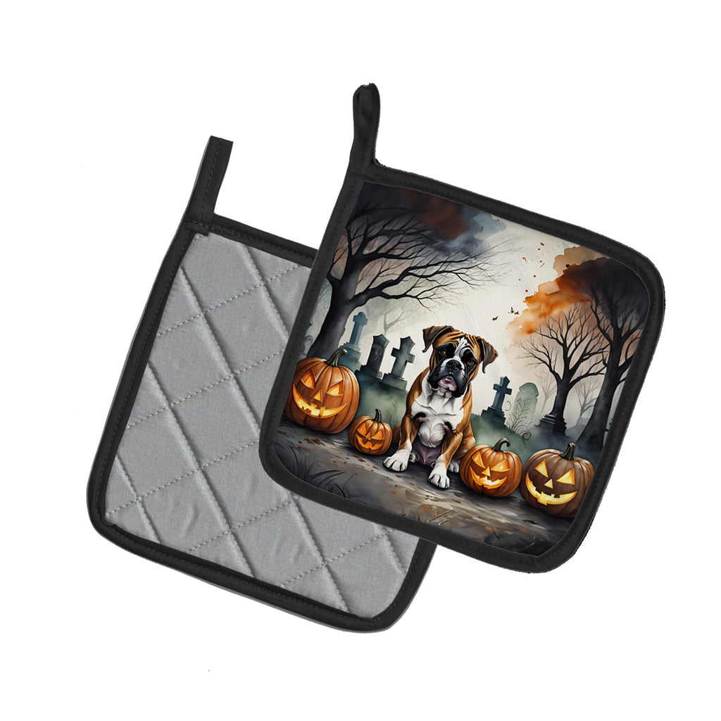Boxer Spooky Halloween Pot Holder Set of 2 Heat Resistant Quilted Hot Pads 7.5 x 7.5 Inch, Insulated Kitchen Trivets for Cooking & Baking