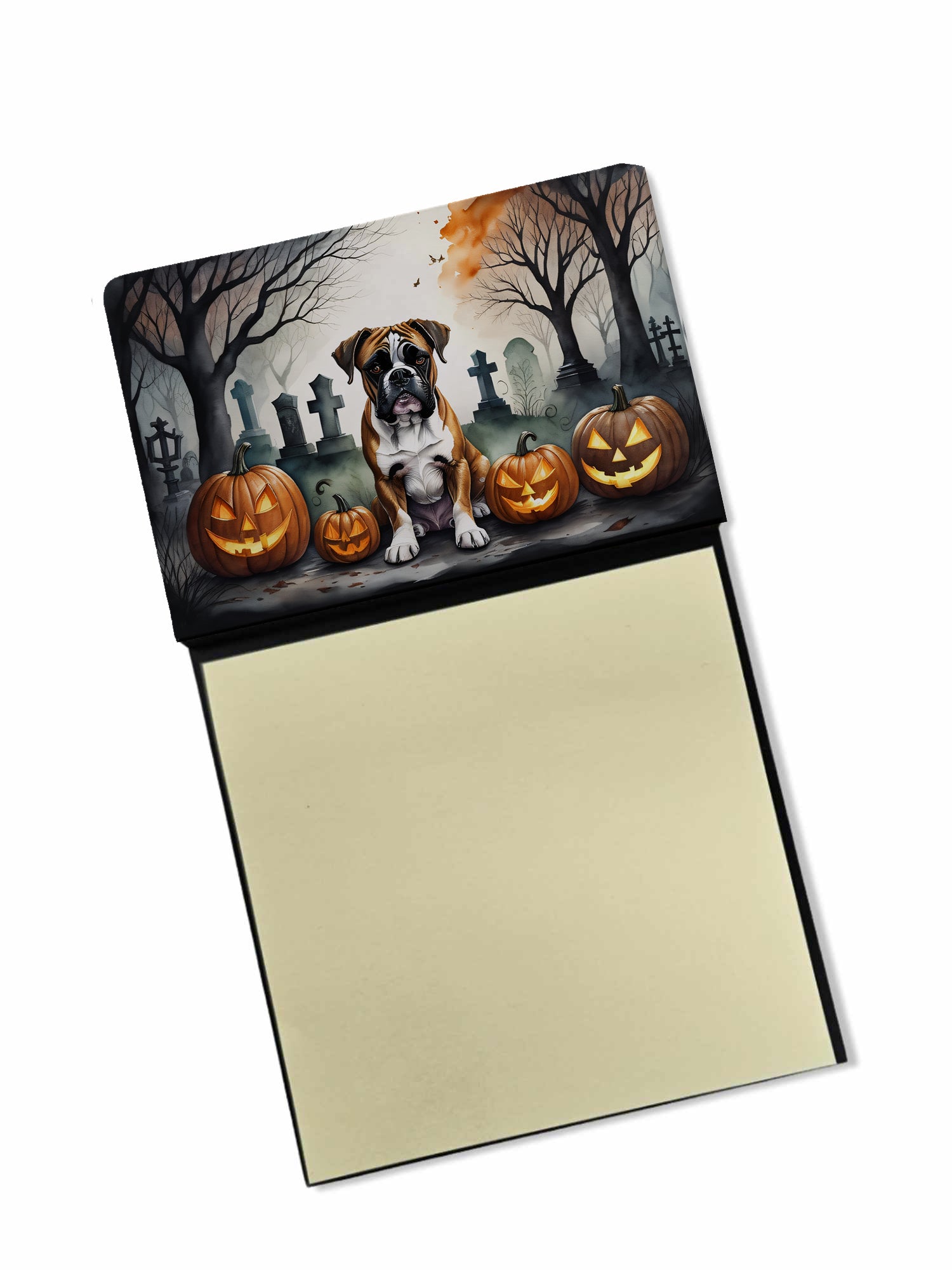 Boxer Spooky Halloween Watercolor Sticky Note Holder Refillable Dispenser Desk Accessory 3x3 Pad Gift