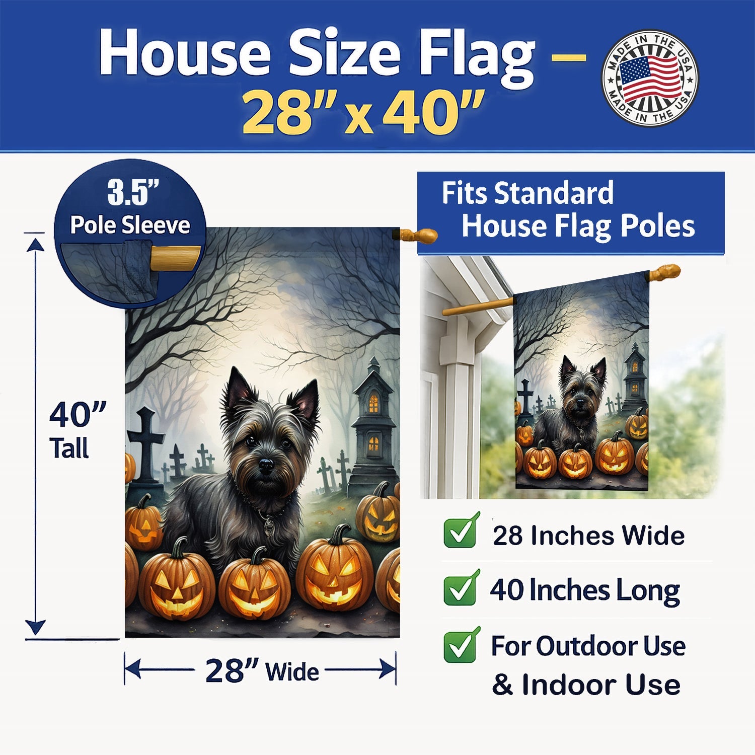 Cairn Terrier Spooky Halloween House Flag 28x40 Porch Sleeve Pole Decorative Outside Yard Banner Artwork Wall Hanging, Polyester