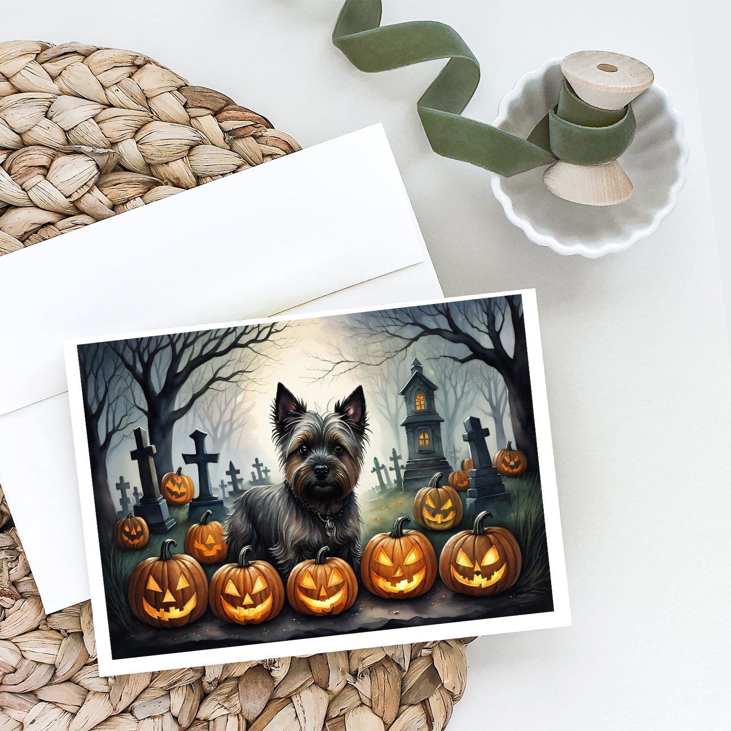 Cairn Terrier Spooky Halloween Greeting Cards Pack of 8 Blank Cards with Envelopes Whimsical A7 Size 5x7