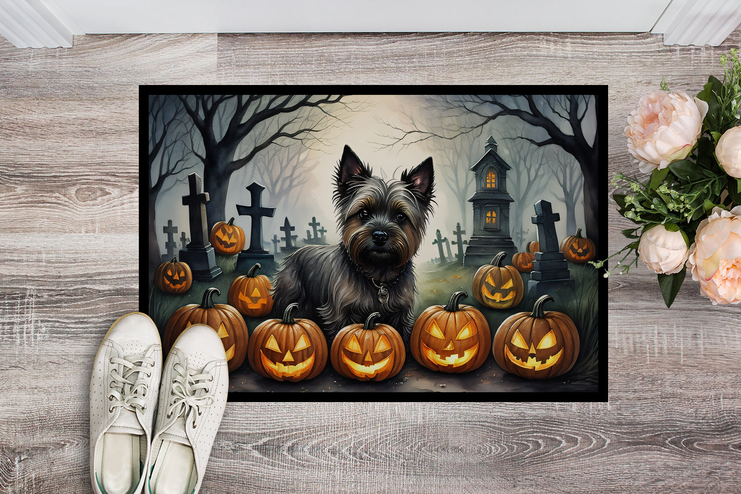 Cairn Terrier Spooky Halloween Doormat Indoor Outdoor 24H X 36W Front Door Mat Rugs for Entryway, Non Slip Washable Low Pile,