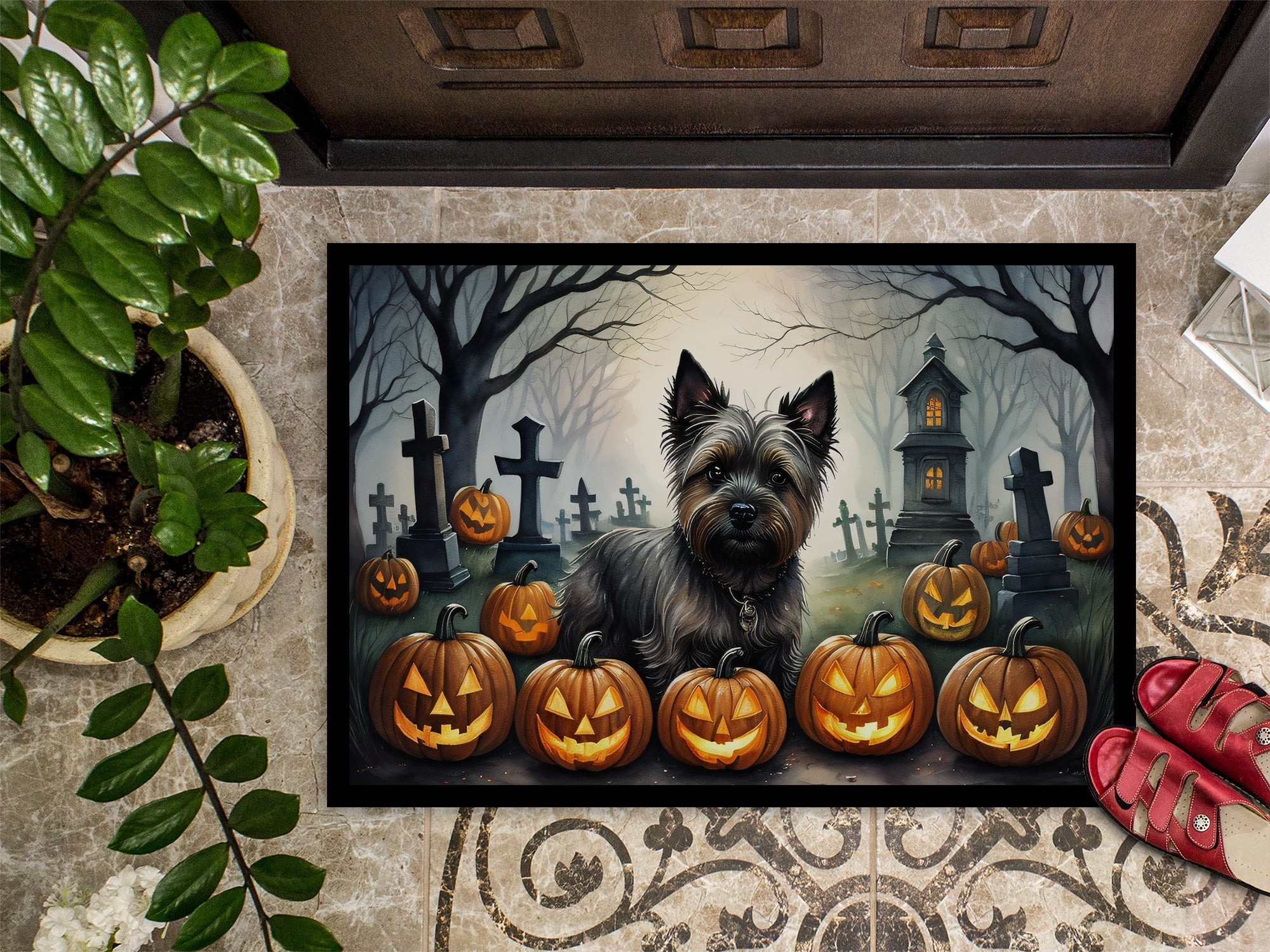 Cairn Terrier Spooky Halloween Doormat Indoor Outdoor 24H X 36W Front Door Mat Rugs for Entryway, Non Slip Washable Low Pile,