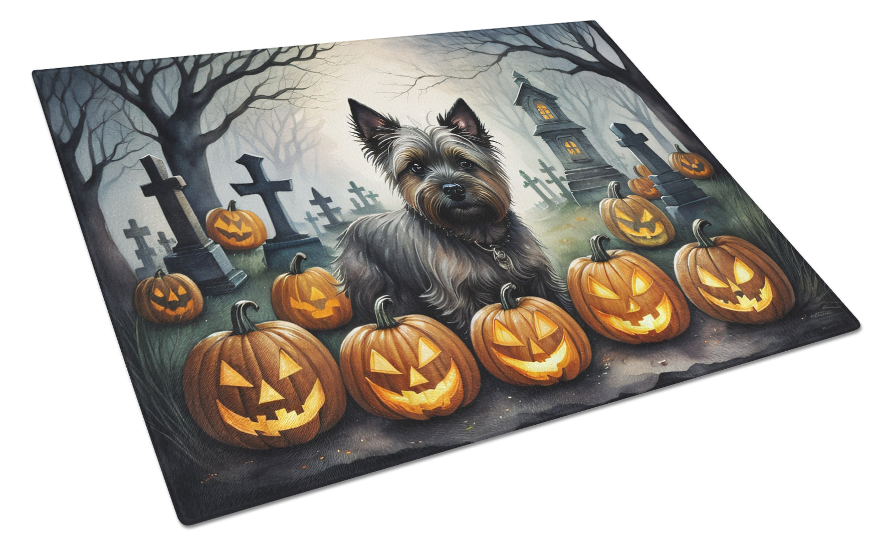 Cairn Terrier Spooky Halloween Cutting Board Tempered Glass Kitchen Cutting Surface, Heat Resistant Chopping, Non-Slip Feet, Food Prep & Serving
