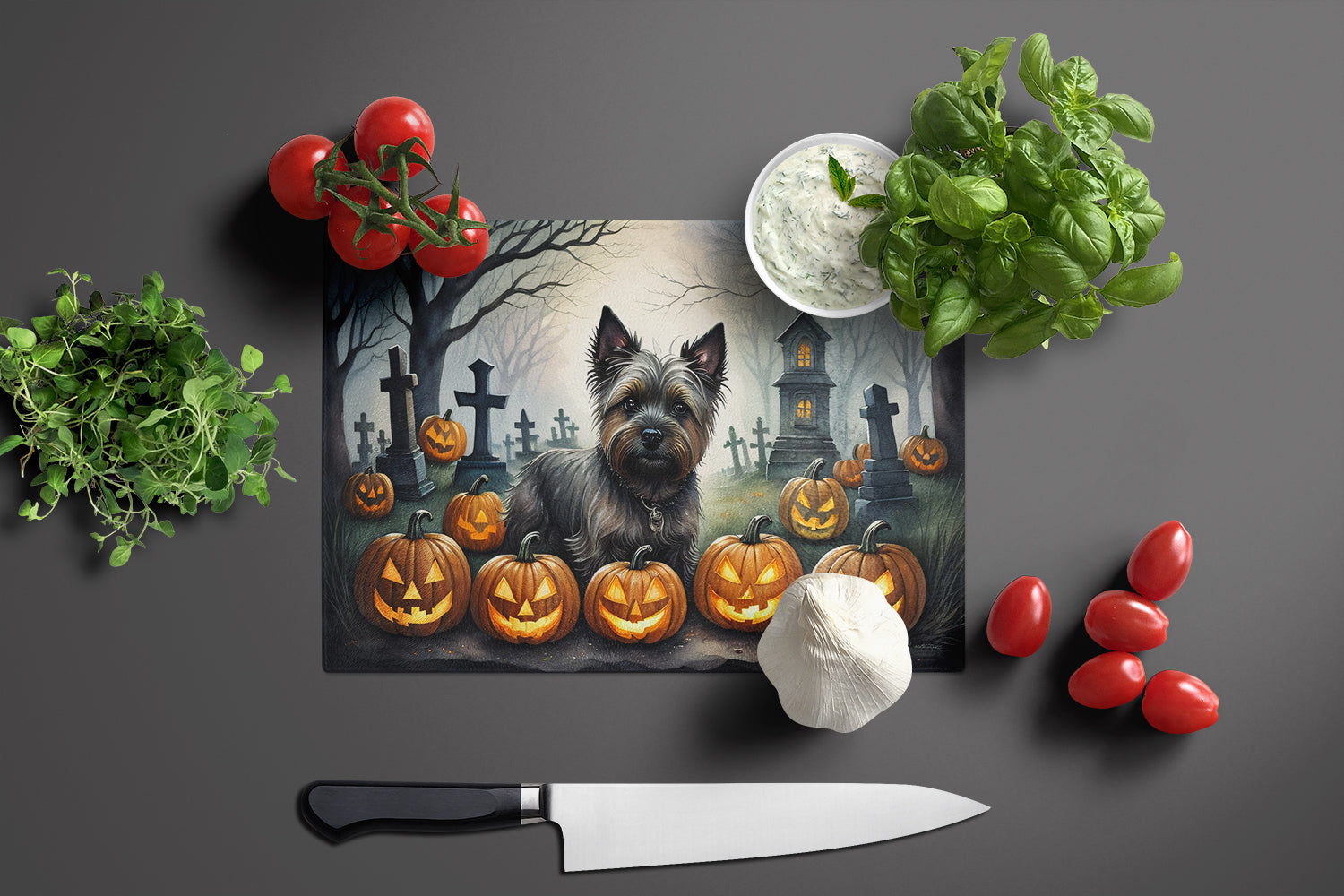 Cairn Terrier Spooky Halloween Cutting Board Tempered Glass Kitchen Cutting Surface, Heat Resistant Chopping, Non-Slip Feet, Food Prep & Serving