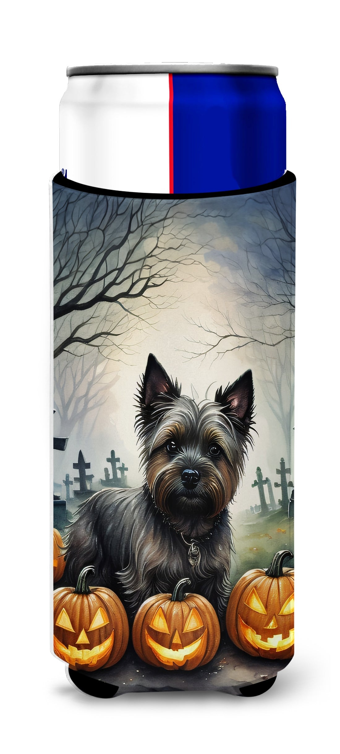 Cairn Terrier Spooky Halloween Slim Can Hugger , Insulated Foam Hugger for 12 oz Slim Cans, Beer Bottles & Water Bottles, Printed in USA