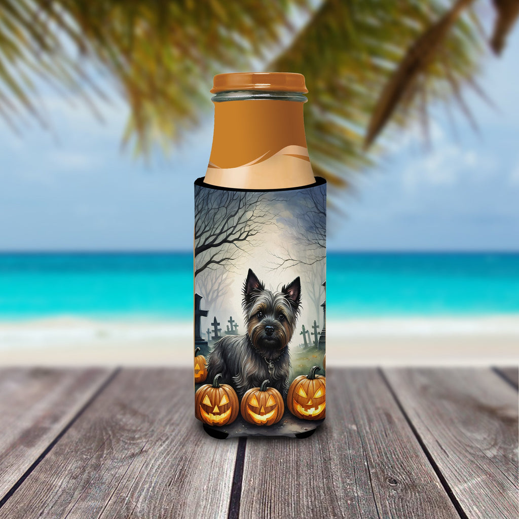 Cairn Terrier Spooky Halloween Slim Can Hugger , Insulated Foam Hugger for 12 oz Slim Cans, Beer Bottles & Water Bottles, Printed in USA
