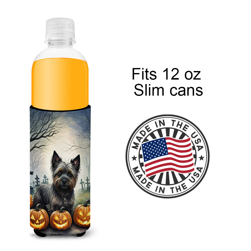 Cairn Terrier Spooky Halloween Slim Can Hugger , Insulated Foam Hugger for 12 oz Slim Cans, Beer Bottles & Water Bottles, Printed in USA