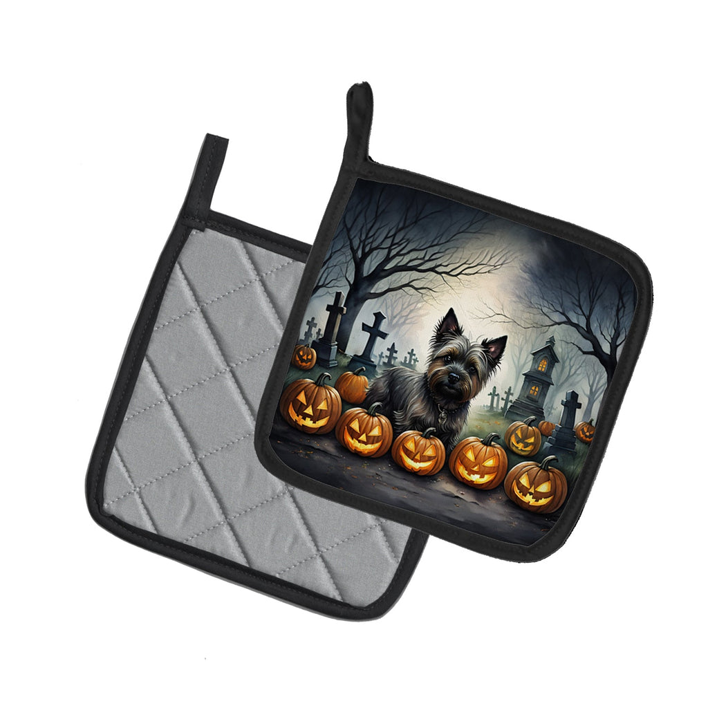 Cairn Terrier Spooky Halloween Pot Holder Set of 2 Heat Resistant Quilted Hot Pads 7.5 x 7.5 Inch, Insulated Kitchen Trivets for Cooking & Baking
