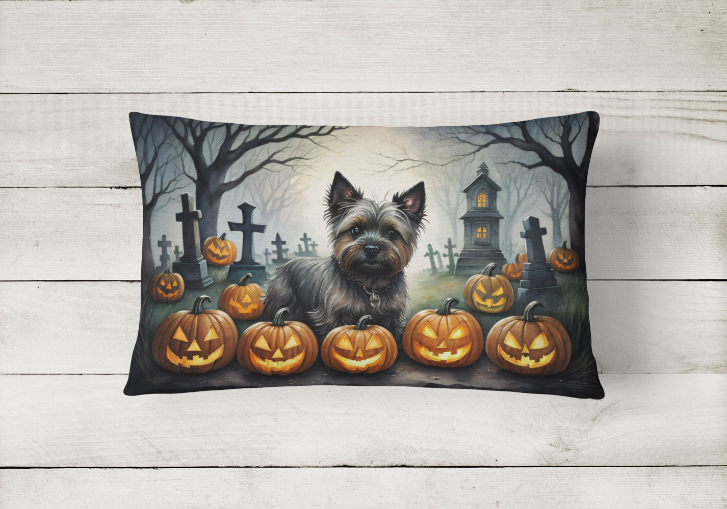 Cairn Terrier Spooky Halloween Decorative Throw Pillow 12x16 Indoor Outdoor Accent Cushion, Fabric Cover with Insert for Sofa, Bed, Porch & Living Room