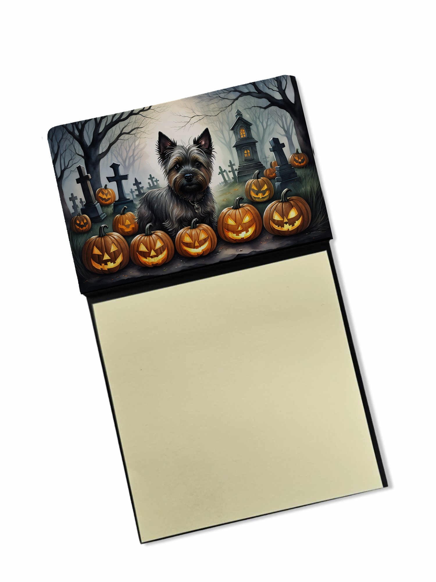 Cairn Terrier Spooky Halloween Watercolor Sticky Note Holder Refillable Dispenser Desk Accessory 3x3 Pad Gift