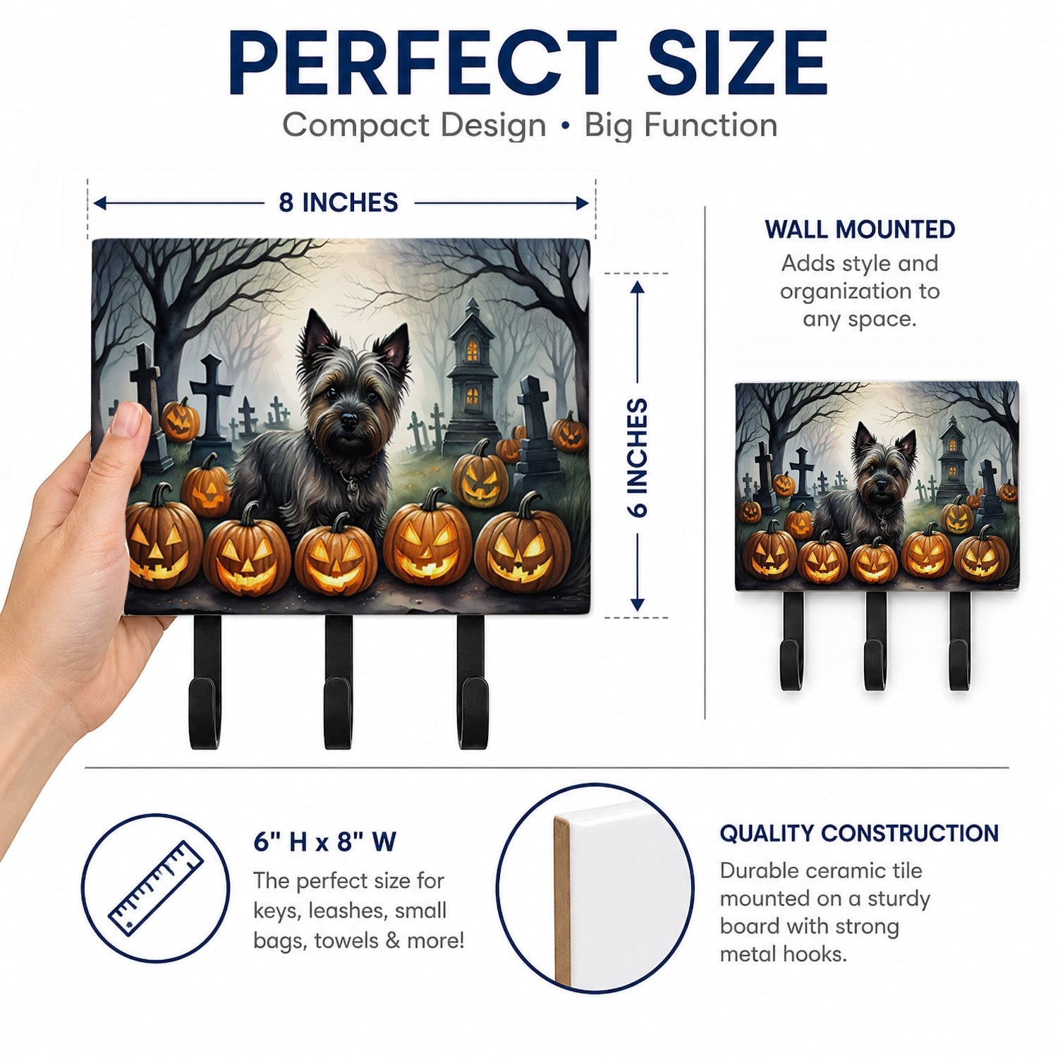 Cairn Terrier Spooky Halloween Leash or Key Holder Wall Hooks, Coat Rack Wall Mount, for Hanging Keys, Towels, Aprons, Leashes