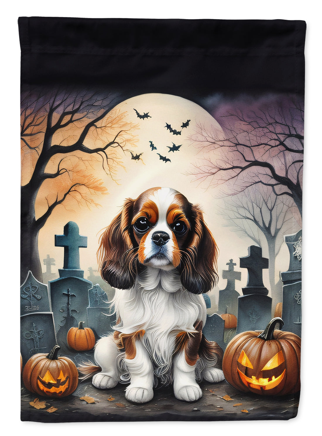 Cavalier Spaniel Spooky Halloween House Flag 28x40 Porch Sleeve Pole Decorative Outside Yard Banner Artwork Wall Hanging, Polyester
