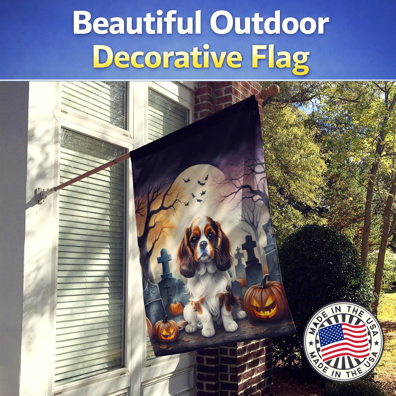 Cavalier Spaniel Spooky Halloween House Flag 28x40 Porch Sleeve Pole Decorative Outside Yard Banner Artwork Wall Hanging, Polyester