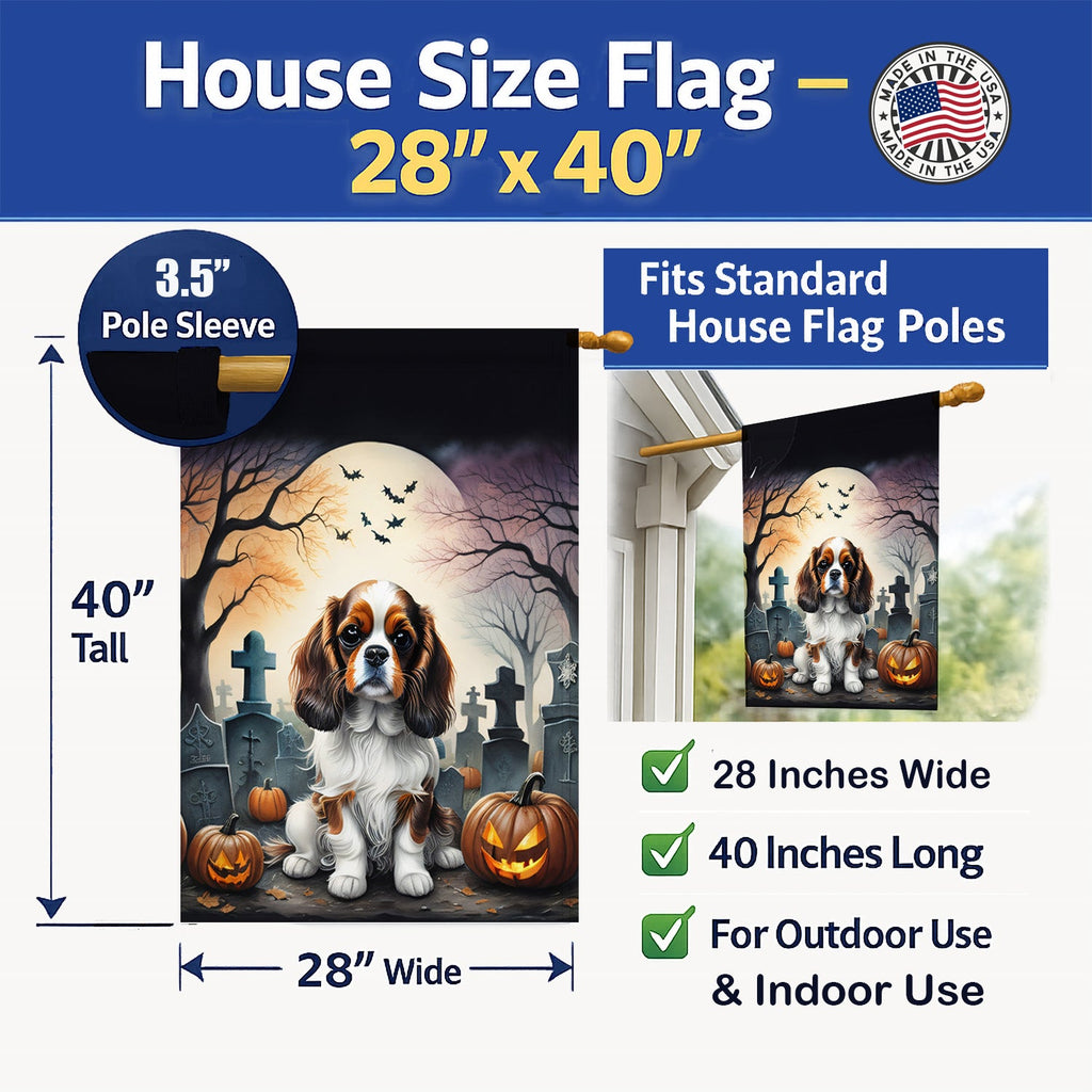 Cavalier Spaniel Spooky Halloween House Flag 28x40 Porch Sleeve Pole Decorative Outside Yard Banner Artwork Wall Hanging, Polyester
