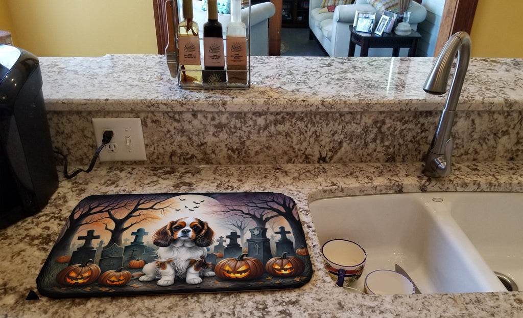 Cavalier Spaniel Spooky Halloween Dish Drying Mat Absorbent Dish Drying Mat Pad for Kitchen Counter Dish Drainer Mat for Countertop, 14 x 21", Multicolor