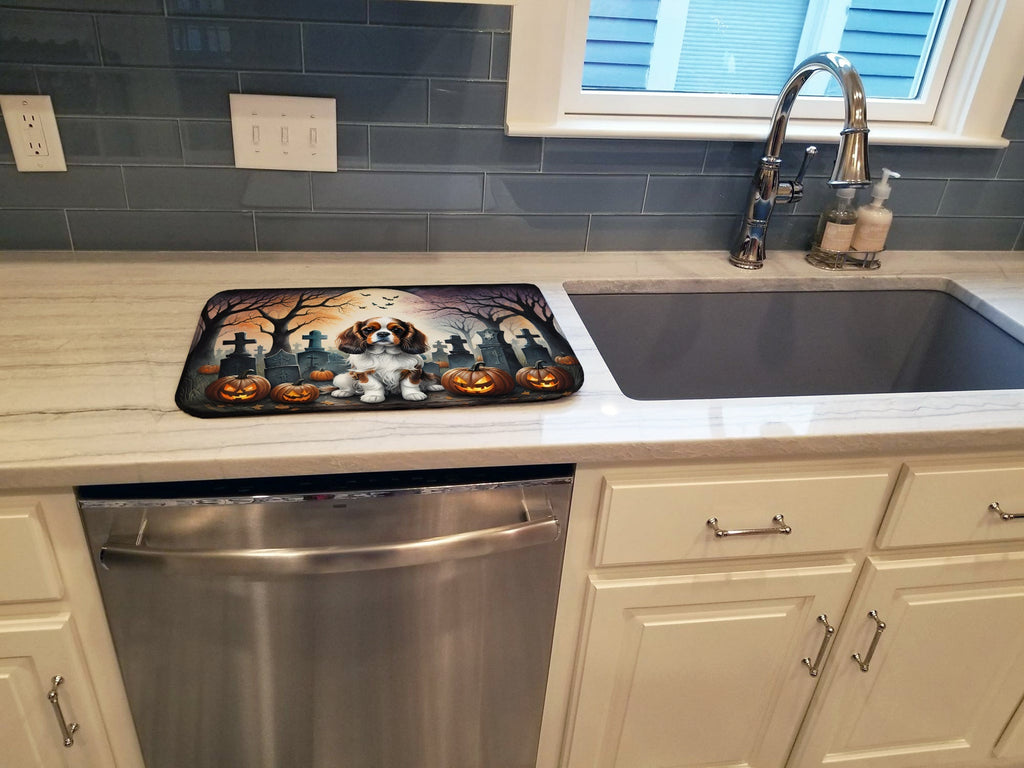 Cavalier Spaniel Spooky Halloween Dish Drying Mat Absorbent Dish Drying Mat Pad for Kitchen Counter Dish Drainer Mat for Countertop, 14 x 21", Multicolor