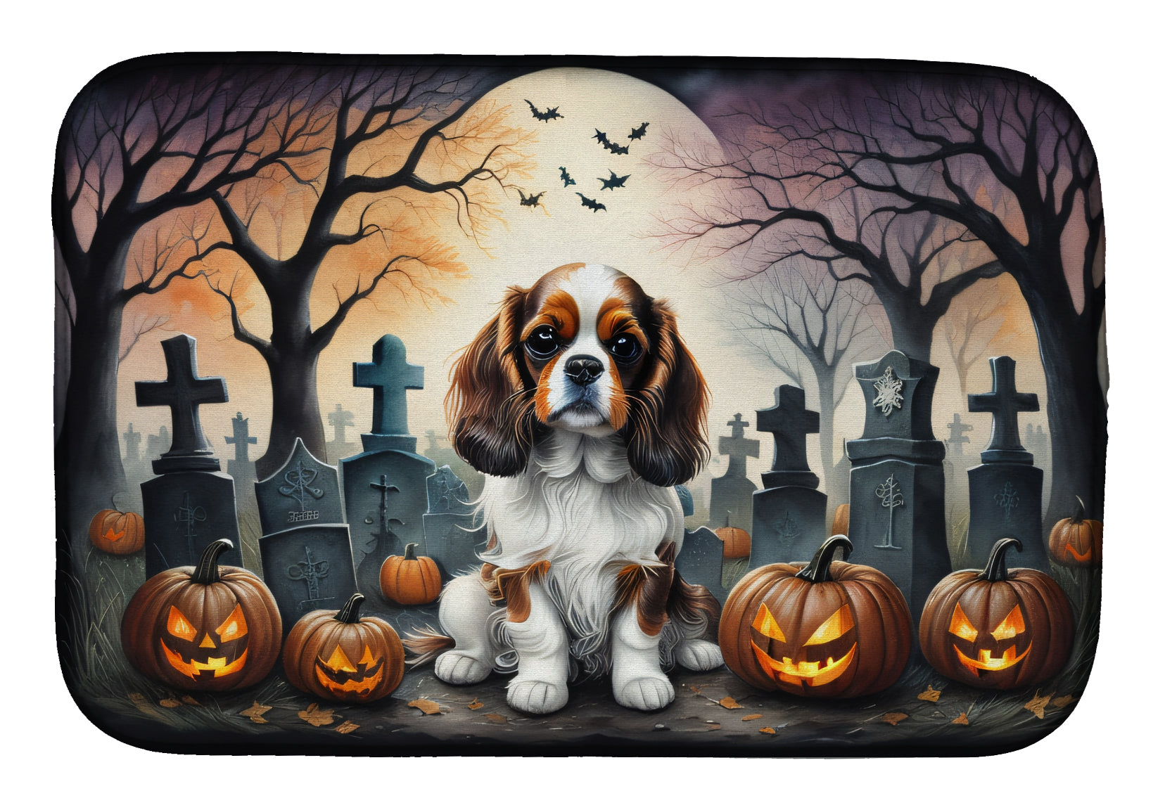 Cavalier Spaniel Spooky Halloween Dish Drying Mat Absorbent Dish Drying Mat Pad for Kitchen Counter Dish Drainer Mat for Countertop, 14 x 21", Multicolor